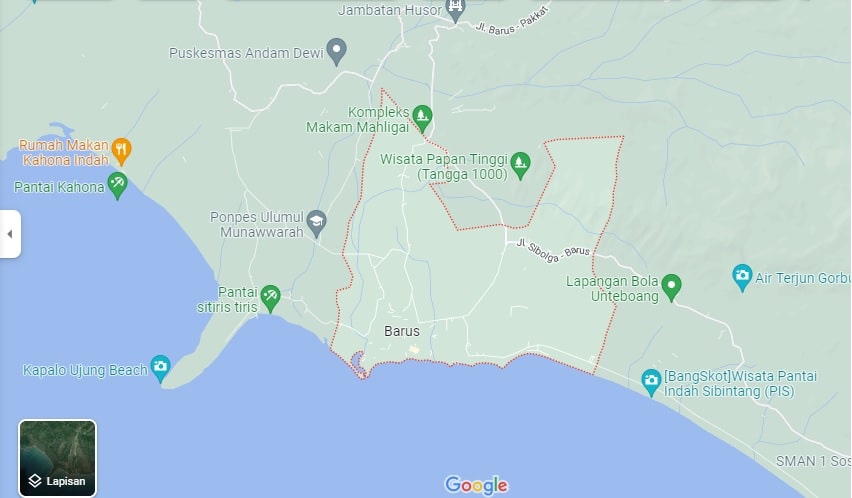 Kecamatan Barus, Kabupaten Tapanuli Tengah, Sumatera Utara diyakini sebagai tempat pertama dimasuki Islam (screenshot google maps Barus)