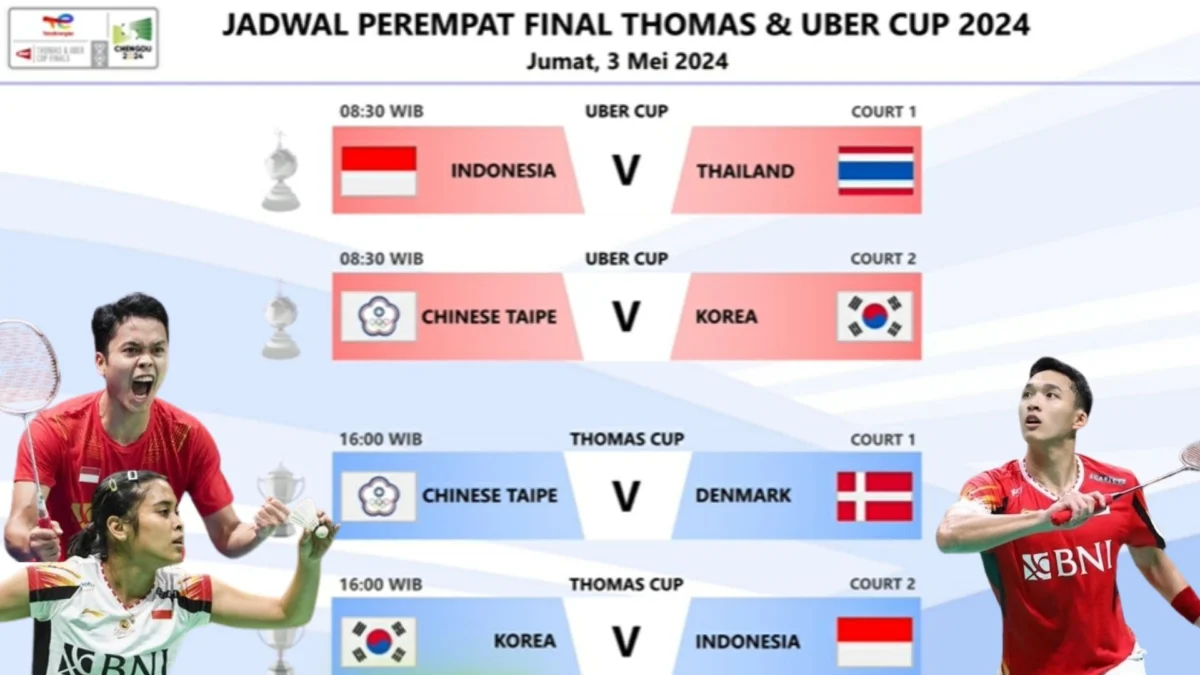 Jadwal Live Streaming Perempat Final Thomas Cup & Uber Cup Kamis-Jumat, Superbig Match Hari Ini!